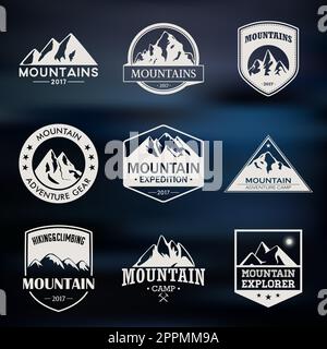 Mountain travel, Outdoor Adventures Logo Set. Wandern und Klettern Etiketten oder Ikonen für Tourismus-Organisationen, Veranstaltungen, Camping Freizeit. Stockfoto