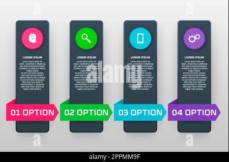 Vektor-Infografik-Vorlage mit vier Optionen für den Materialkonstruktionsstil. Es kann als Diagramm, nummeriertes Banner, Präsentation, Diagramm, Bericht, Web usw. Stockfoto