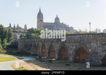 Römische Brücke über den Fluss Tormes und im Hintergrund die Kathedrale von Salamanca (Spanien) Stockfoto