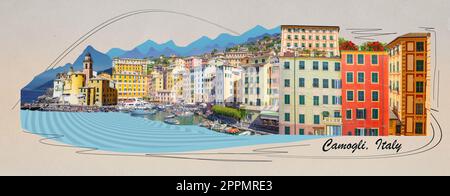 Farbenfrohe Gebäude und Strand in Camogli am sonnigen Sommertag, Ligurien. Zeitgenössisches Kunstdesign oder Collage Stockfoto