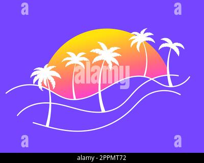 Umrandete Landschaft mit Palmen und aufgehender Sonne auf violettem Hintergrund. Tropische Sommerlandschaft in minimalistischem Stil. Design für Druck-T-s Stock Vektor