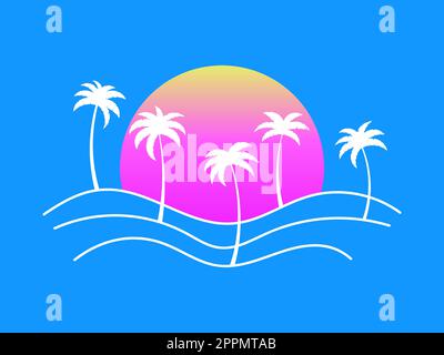 Umrandete Landschaft mit Palmen und aufgehender Sonne auf blauem Hintergrund. Tropische Sommerlandschaft in minimalistischem Stil. Design für den Druck von T-Shi Stock Vektor