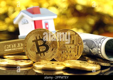 Konzeptionelles Bild für Investoren in Kryptowährung (neues virtuelles Geld), Gold, Immobilien und Dollar. Stockfoto