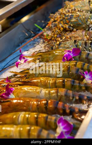 Thailändische Riesengarnelen im Angebot auf dem Jodd Fairs Night Market in Rama iX, Bangkok, Thailand Stockfoto