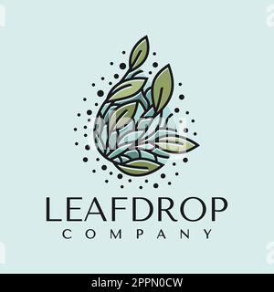 Farbenfrohe Wassertropfen-Logo-Vorlage mit Blattdesign. Lustiges Logo mit natürlicher Flüssigkeit. Stock Vektor