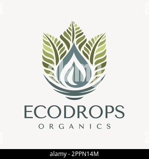 Luxuriöse Designvorlage für das „Eco Leaf Water“-Logo. Tropfenlogo mit Eleganz und Naturpflanzen. Stock Vektor