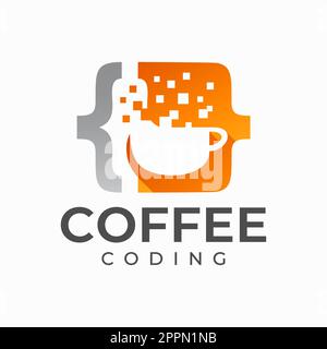 Einfaches digitales Pixel-Logo für Kaffee-Codierung. Code-Logo für moderne Technologie. Stock Vektor