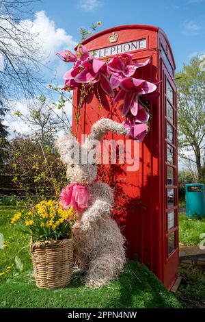 Rote Telefonzelle, dekoriert für Ostern mit Frühlingsblumen und einem Osterhasen im Dorf Compton, Surrey, England, Großbritannien Stockfoto