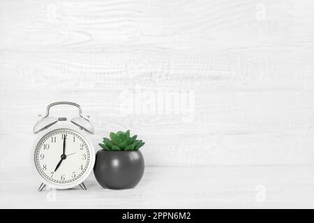 Weißer Schreibtisch mit Blick auf die Vorderseite, Wecker, Zimmerpflanzen und Kopierbereich. Hintergrundbanner am Morgen mit freiem Platz für Text. Minimalistisches Konzept, Arbeitsbereich Stockfoto