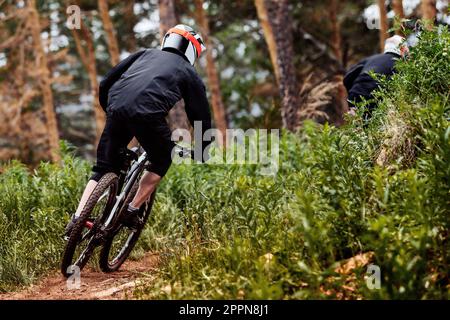 Ein männlicher Rennfahrer, der auf einem Waldweg bergab fährt, schwarze Sportkleidung, mit hohen Pflanzen fährt Stockfoto