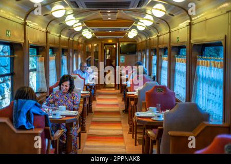 Innerhalb des Expreso de la Robla Luxuszuges, der durch Bilbao nach Leon im Norden Spaniens, Europa fährt. Innenraum des Restaurantwagens. Stockfoto