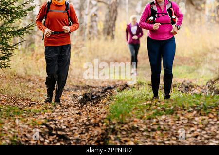 Frauen und Männer laufen im Herbst einen Trail-Marathon auf heruntergefallenen Blättern im Wald und beim Cross-Country-Laufrennen Stockfoto