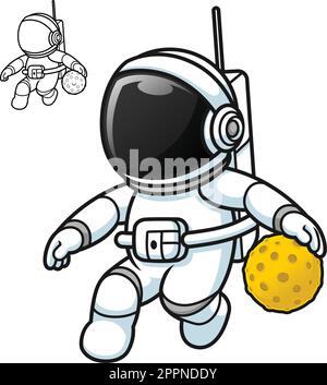 Süßer Astronaut, der Basketball mit Moon Ball mit Black and White Line Art Drawing spielt Stock Vektor