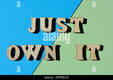 Just Own IT, Wörter in hölzernen Buchstaben isoliert auf dem Hintergrund Stockfoto