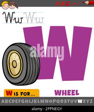 Buchstabe W aus dem Alphabet mit Cartoon-Rad-Objekt Stock Vektor