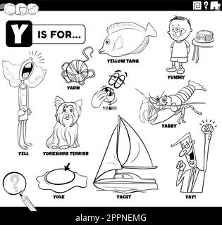 Lern-Zeichentrickset-Malseite mit Buchstabe y Wörtern Stock Vektor