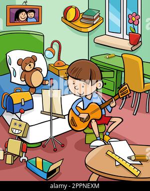 Ein Junge, der Gitarre spielt, in seinem Zimmer, eine Zeichentrickfigur Stock Vektor