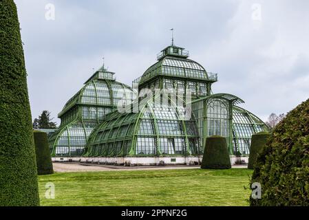 Die Kuppeln des Palmenhauses aus Schmiedeeisen, Gusseisen und Glas im Schlosspark Schönbrunn unter grauem Himmel, Wien, Österreich Stockfoto