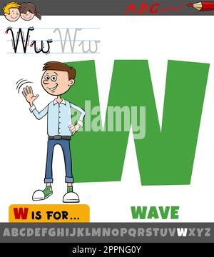 Buchstabe W aus dem Alphabet mit einem Zeichentrickjungen, der Hand winkt Stock Vektor