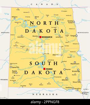 Die Dakotas, die US-Bundesstaaten North Dakota und South Dakota, politische Karte Stock Vektor