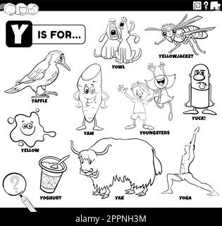 Lern-Zeichentrickset-Malseite mit Buchstabe y Wörtern Stock Vektor