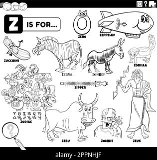 Lern-Zeichentrickset mit Buchstabe z-Wörtern Stock Vektor
