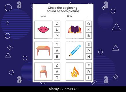 Kreisen Sie den Anfangsound jedes Bildes ein. Lernspiel für Kinder Stock Vektor