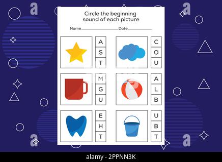 Kreisen Sie den Anfangsound jedes Bildes ein. Lernspiel für Kinder Stock Vektor