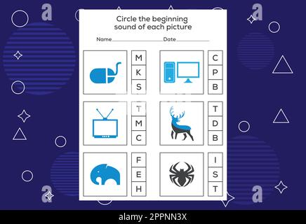 Kreisen Sie den Anfangsound jedes Bildes ein. Lernspiel für Kinder Stock Vektor