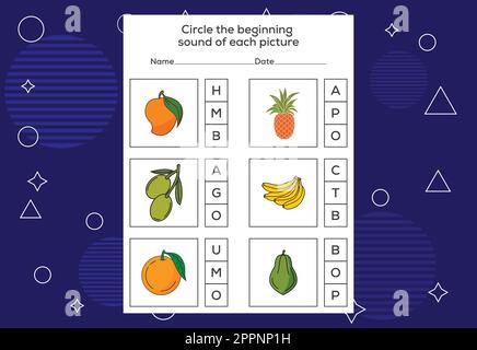 Kreisen Sie den Anfangsound jedes Bildes ein. Lernspiel für Kinder Stock Vektor