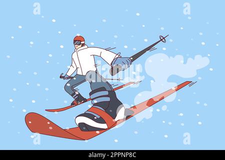 Ein Mann, der im Winter auf einem schneebedeckten Berg Ski fährt Stock Vektor