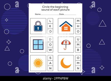 Kreisen Sie den Anfangsound jedes Bildes ein. Lernspiel für Kinder Stock Vektor