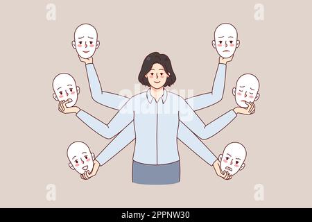 Geschäftsfrau, die verschiedene Masken in den Händen hält Stock Vektor
