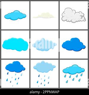Wolken setzen sich. Klar und mit Regen. Cloud-Symbol, Wolkenform. Verschiedene Wolken. Sammlung von Cartoon Wolke Vektor-Design auf weiß isoliert Stock Vektor