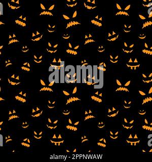 Beängstigendes Gesichtsmuster. halloween-Hintergrund. Nahtloses Muster mit gruseligen Gesichtern auf schwarzem Hintergrund. Stock Vektor