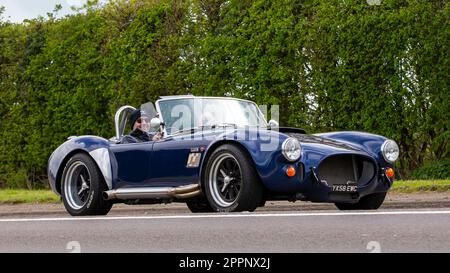 Bicester, Oxon, Großbritannien - April 23. 2023. 2008 AK SPORTSCARS Nachbildung eines Cobra-Autos, das auf einer englischen Landstraße unterwegs ist Stockfoto