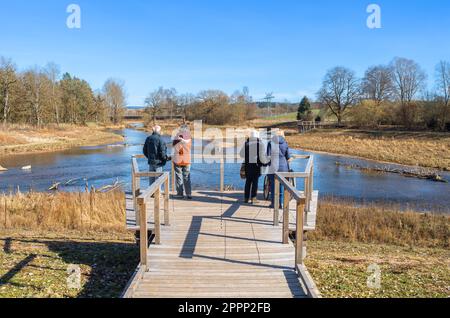 Touristen bewundern den Zusammenfluss der Flüsse Brigach und Breg, der den Anfang und Ursprung der Donau, dem längsten europäischen Fluss, bildet. Donau Stockfoto