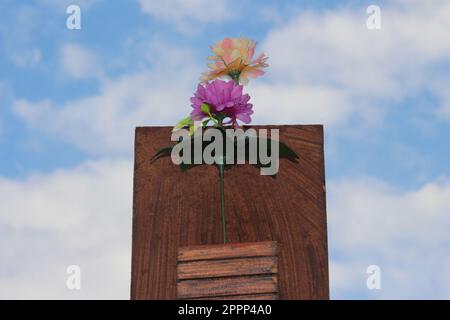 Wandmontage aus Holz mit Blumen Stockfoto