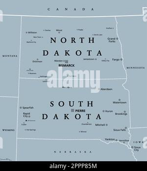 Die Dakotas, US-Bundesstaaten North Dakota und South Dakota, graue politische Karte Stock Vektor