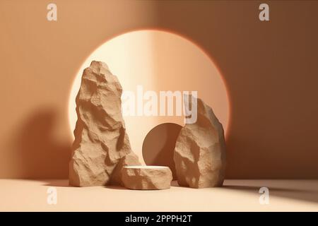 Ein leeres Rock-Podium-Design für die Produktpräsentation in Orange-Farbtönen. Stockfoto