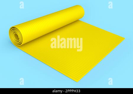 Gelbe Yogamatte oder leichte Schaumstoff-Campingbett-Rollauflage isoliert auf blauem Hintergrund. 3d-Rendering von Sportgeräten für Fitness, Yoga und Active Wor Stockfoto