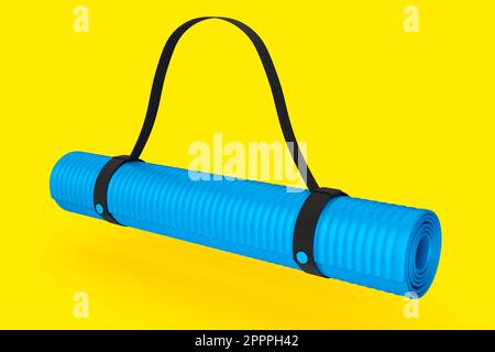 Blaue Yogamatte oder leichte Schaumstoff-Campingbett-Rollauflage isoliert auf gelbem Hintergrund. 3d-Rendering von Sportgeräten für Fitness, Yoga und Active Wor Stockfoto