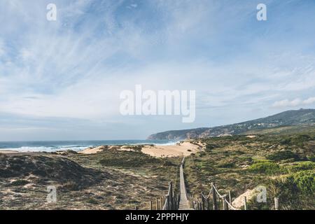 Leere Holzpromenade am Strand Praia do Guincho in Sintra. Blick auf Gras und Sand mit Hügeln und Atlantik im Hintergrund Stockfoto