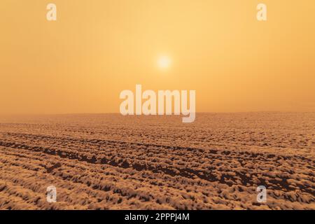 sonnenaufgang im Nebel auf einem schneebedeckten Feld Stockfoto