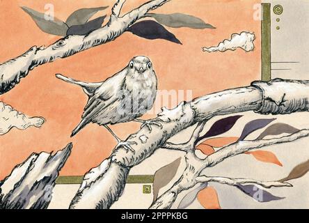 Tintenzeichnung eines europäischen Rotkehlchens mit Zweigen und Blättern. Traditionelle Illustration auf Papier. Stockfoto