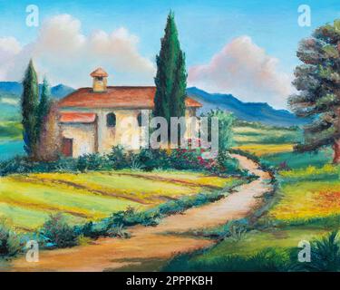 Imaginäre ländliche Landschaft im Sommer. Original-Ölgemälde in Pastelltönen auf Leinwand. Stockfoto