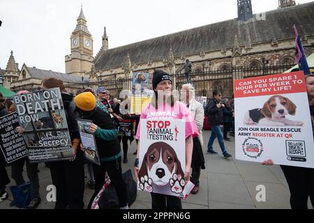 London, Großbritannien. 24. April 2023. Tierschutzprotestierende außerhalb des Parlaments. MBR Acres in Wyton, Cambridgeshire, unternimmt rechtliche Schritte, um Demonstranten bei MBR zu stoppen, wo Beagles für medizinische Forschung gezüchtet werden. Kredit: Maureen McLean/Alamy Live News Stockfoto