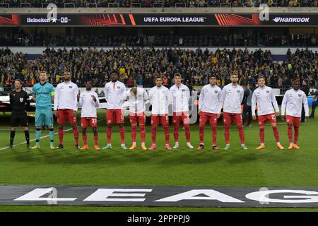 BRÜSSEL - (lr) Bayer 04 Leverkusen Torwart Lukas Hradecky, Jonathan Tah oder Bayer 04 Leverkusen, Jeremie Frimpong oder Bayer 04 Leverkusen, Edmond Tapsoba oder Bayer 04 Leverkusen, Mitchel Bakker oder Bayer 04 Leverkusen, Nadiem Amiri oder Bayer 04 Leverkusen, Adam Hlozek oder Bayer 04 Piero Hincapie oder Bayer 04 Leverkusen, Robert Andrich oder Bayer 04 Leverkusen, Florian Wirtz oder Bayer 04 Leverkusen, Moussa Diaby oder Bayer 04 Leverkusen während des Viertelfinalspiels der UEFA Europa League zwischen Union Sverkint Gillis und Bayer 04 Leusen im Lotto-Park-Stadion am 20. April 2023 in Brüssel, Stockfoto