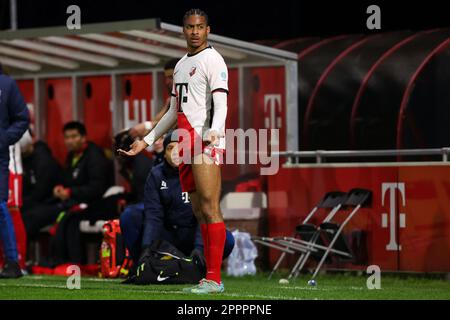 Utrecht, Niederlande. 24. April 2023. UTRECHT, NIEDERLANDE - APRIL 24: Dylan Timber vom Jong FC Utrecht reagiert während des Keuken Kampioen Divisie-Spiels zwischen dem Jong FC Utrecht und Jong Ajax im Sportcomplex Zoudenbalch am 24. April 2023 in Utrecht, Niederlande (Foto: Ben Gal/Orange Pictures). Credit: Orange Pics BV/Alamy Live News Stockfoto