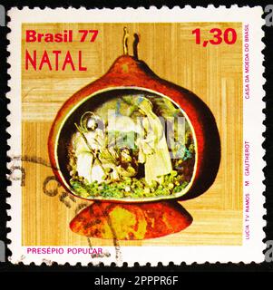 MOSKAU, RUSSLAND - 26. MÄRZ 2023: In Brasilien gedruckte Briefmarken zeigen Weihnachten, Serie, um 1977 Stockfoto